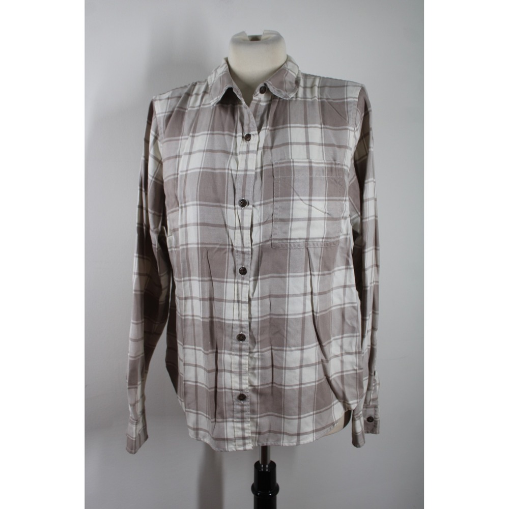LL Bean M Beige Brown Plaid Button Down Shirt Tencel Cotton Long Sleeve 519614